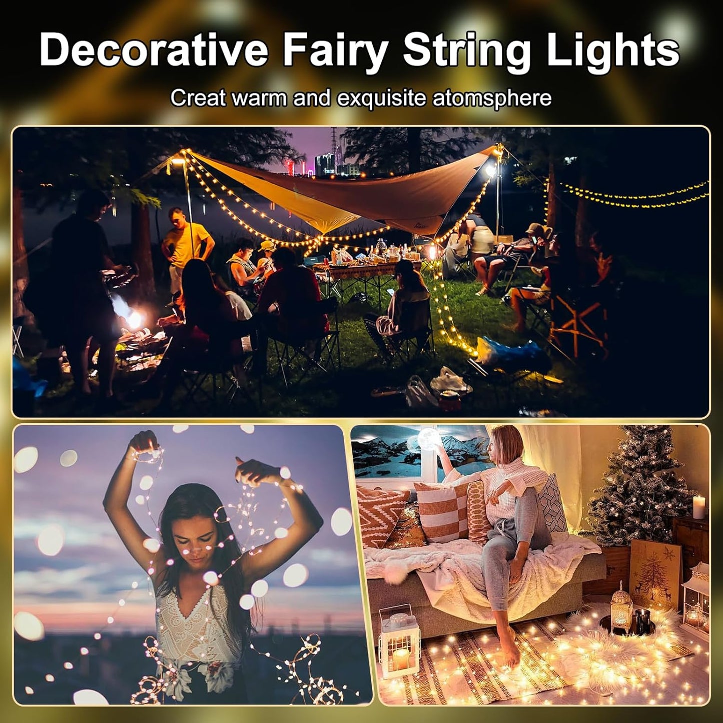 Fairy Lights Battery Operated String Lights 16.4ft 50LED Flashing and Constant Light Waterproof Silver Wire for Christmas DIY Party Bedroom Wedding (Warm White, 4 Pack)