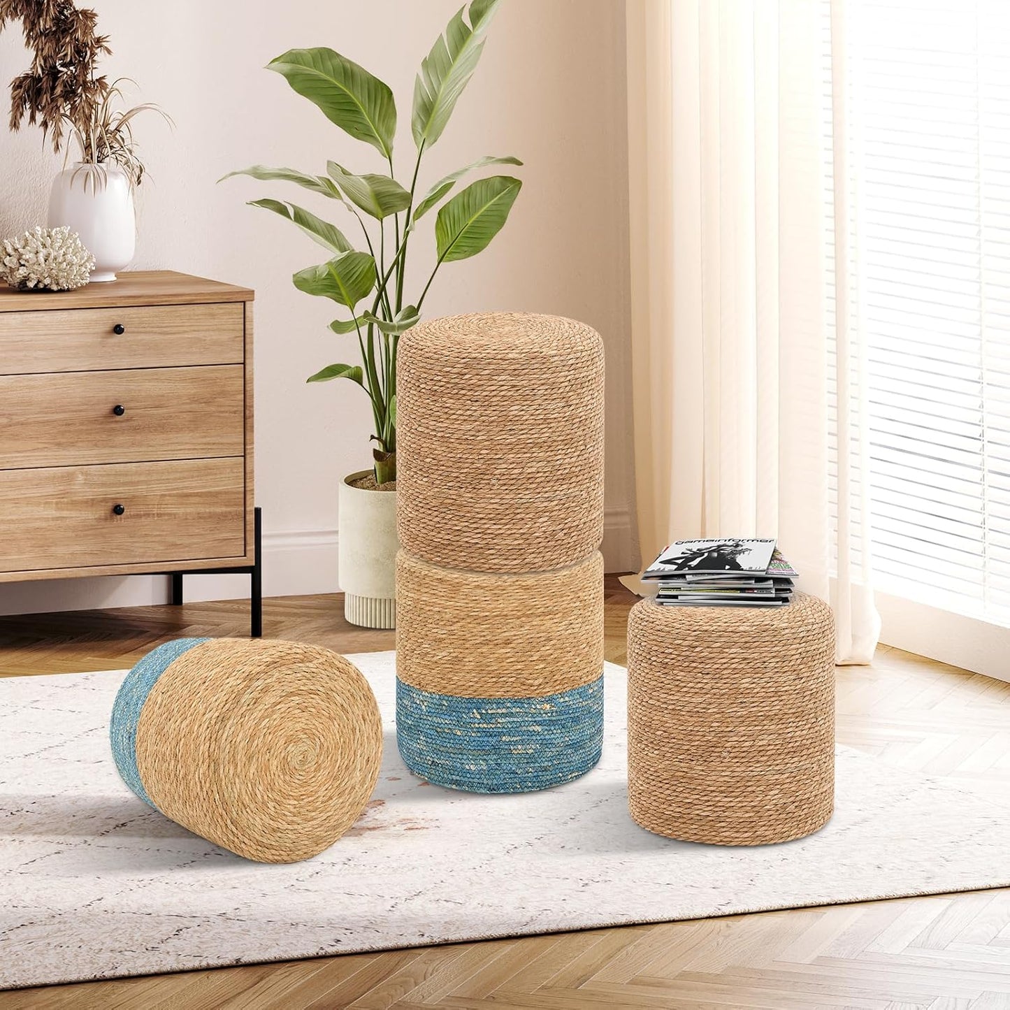 Pouf Ottomans, Handwoven Natural Straw Footstool, Round Braided Outdoor Patio Stool with Wood Frame, Boho Decor Accent Seat Balcony, or Garden (Blue)