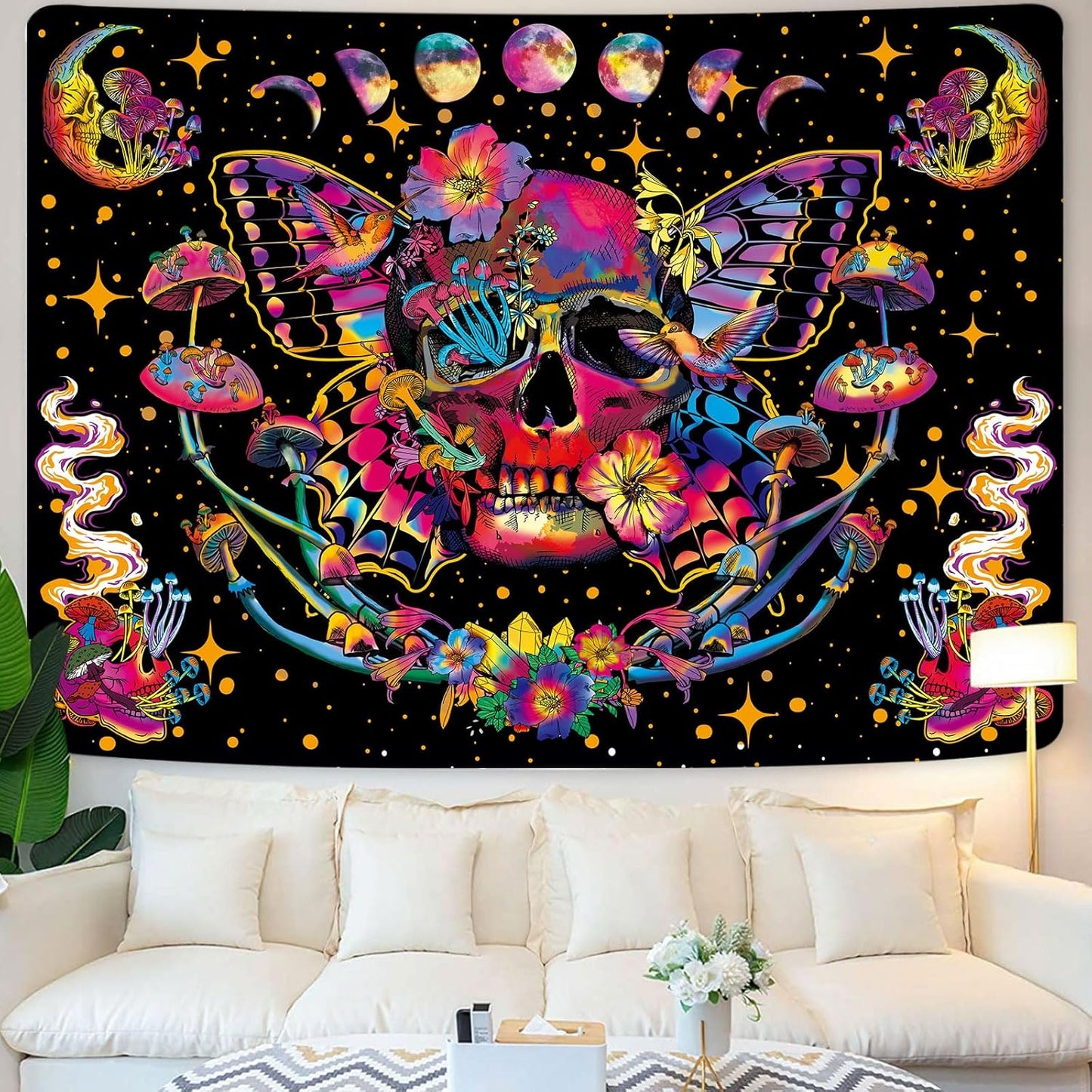 Xiaoput Blacklight Skull Tapestry for Bedroom & Living Room, UV Reactive Mushroom Butterfly & Moth Moon Flowers Tapestry, Hippie Skeleton Wall Hanging 90x70IN