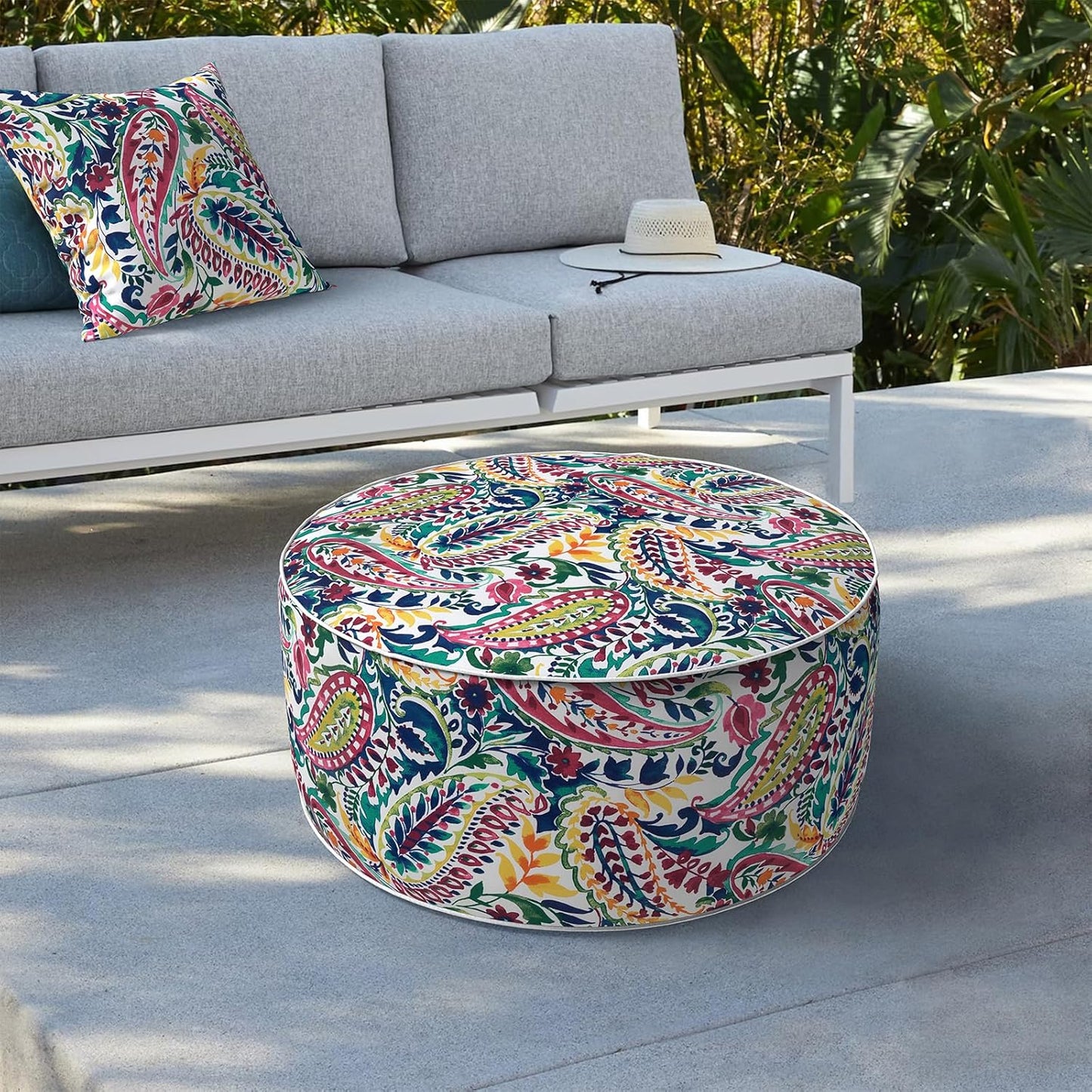 LVTXIII Indoor/Outdoor Inflatable Ottoman, D31 x H14 Inch Large Round Ottoman, All Weather Foot Rest Stool, Portable Footrest for Patio, Garden, Camping and Home - Vigour Paisley
