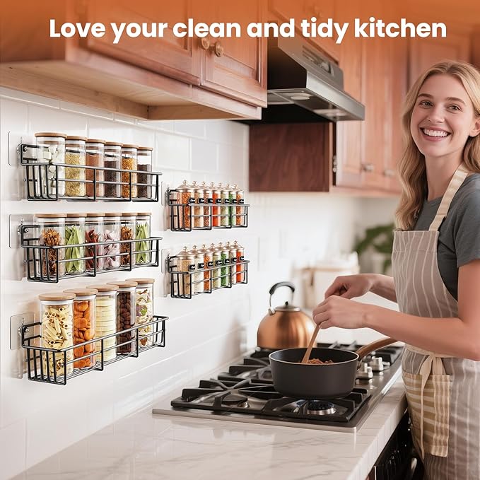 Spice Rack wall mounted 6 Pack, Space-Saving Spice Organizer for Spice Jars and Seasonings,Screw or Adhesive Hanging Spice Rack Organizer for Your Kitchen Cabinet,or Pantry Door