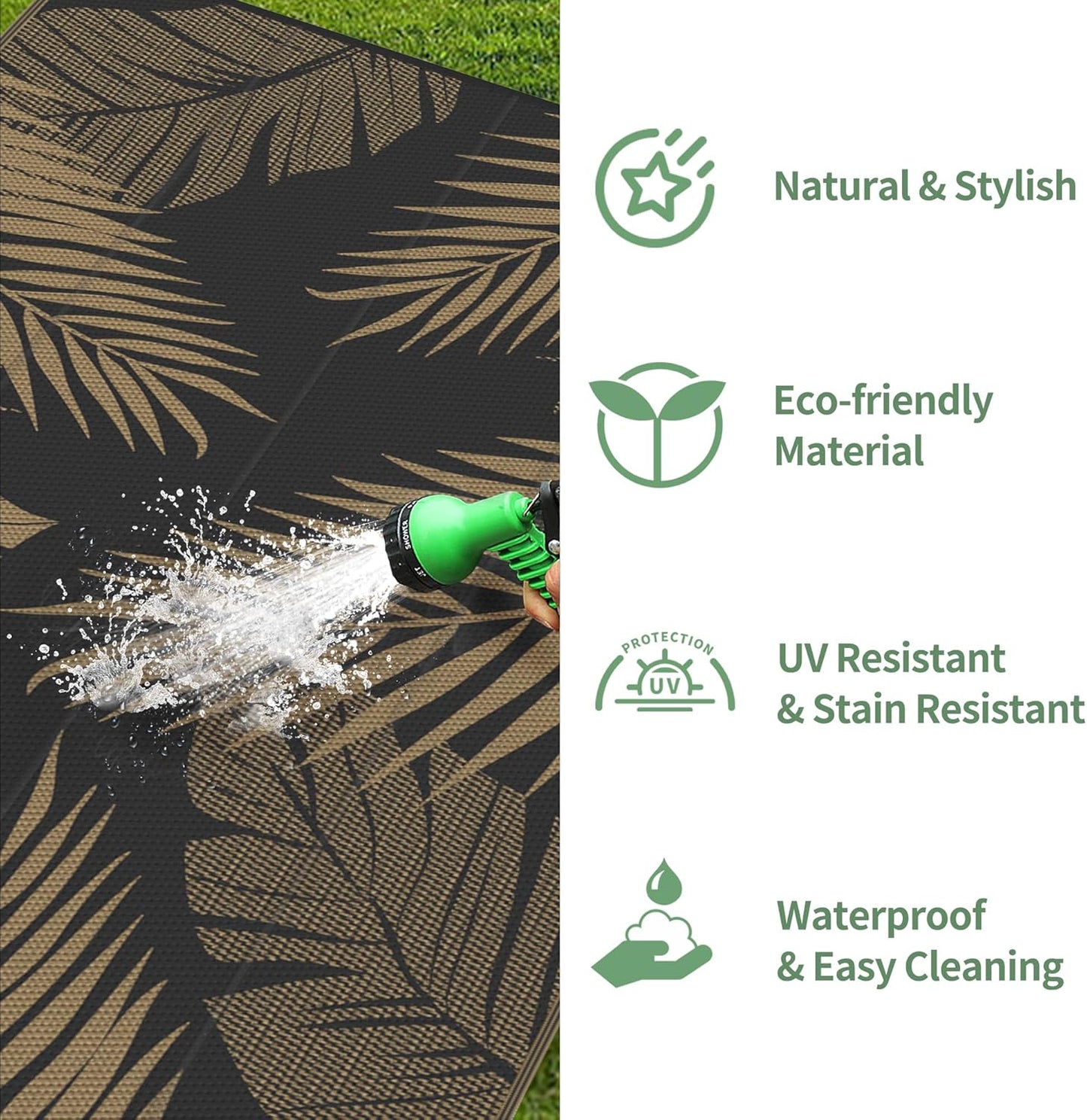 GENIMO Outdoor Rug 10' x 14' Waterproof for Patios Clearance, Reversible Outdoor Plastic Straw Camping Rug Carpet, Large Area Rugs Mats for RV, Camper, Deck, Balcony, Porch, Beach, Picnic, Black&Brown