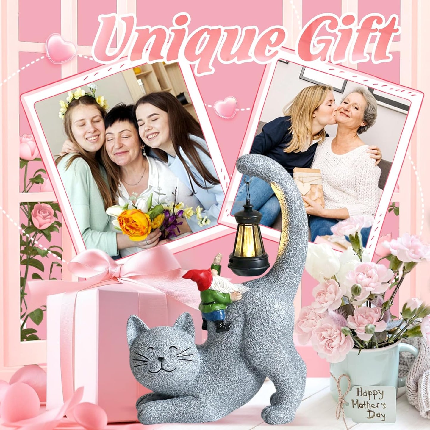 Snowrabbit Cat Statue Garden Decor with Funny Gnome Figurine & Solar Lantern, Motherday Gifts for Mom,Birthday Gift for Women,Cat Statues for Garden,Patio,Yard Decoration, Gray, SR-C-003