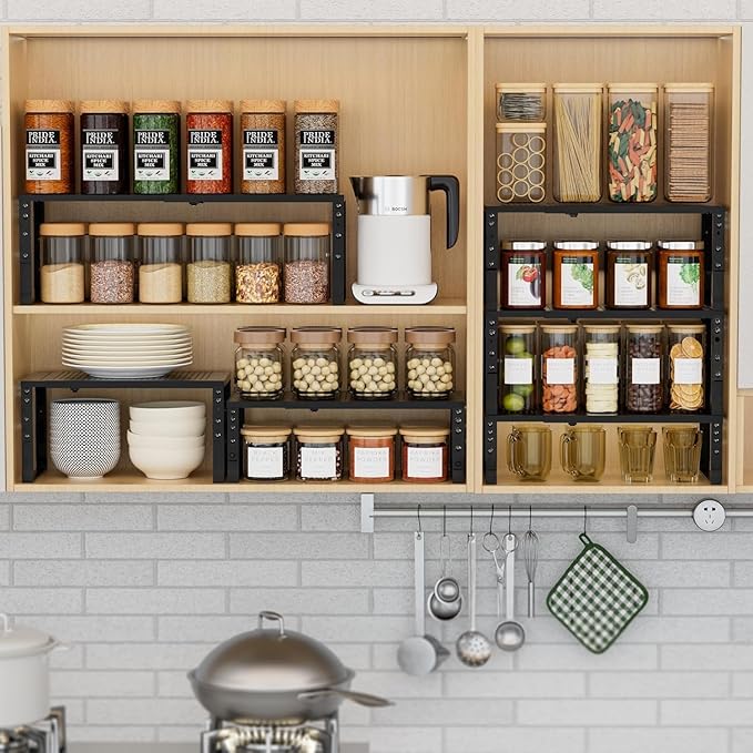Expandable Spice Rack Kitchen Cabinet Shelf Organizer, Stackable Storage Shelves Racks, Adjustable Counter Shelving for Cabinets, Countertop, Cupboard,Pantry and More(2Packs/Black/Medium)