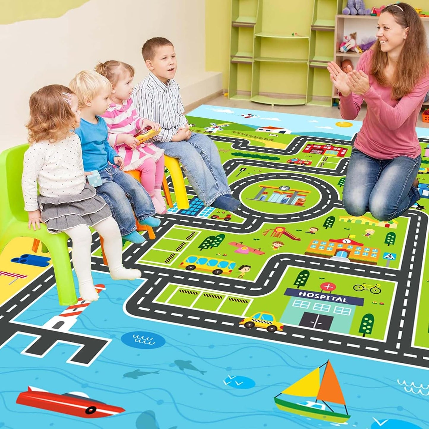 Kids Rug Playroom Car Rug Play Mat City Life Road Rugs Fun City Map for Kids Toy Cars,Carpet for Bedroom Boys (Green-Rug, 4x6ft)
