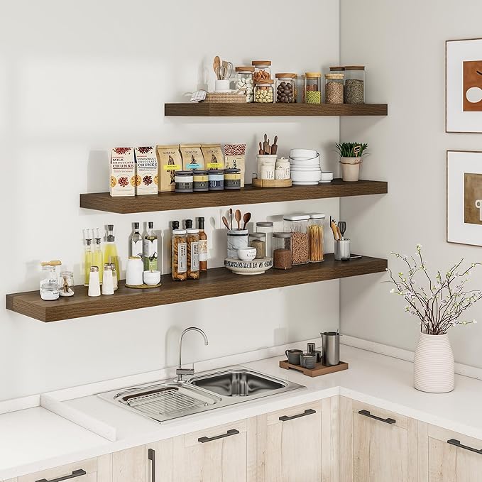 RICHFOCUS 55Inch Floating Shelves for Wall 1 Pack Shelves for Bedroom|Kitchen|Bathroom Wall Mounted Rustic Wood Floating Shelf with Invisible Brackets for Books|Storage|Decor, Walnut