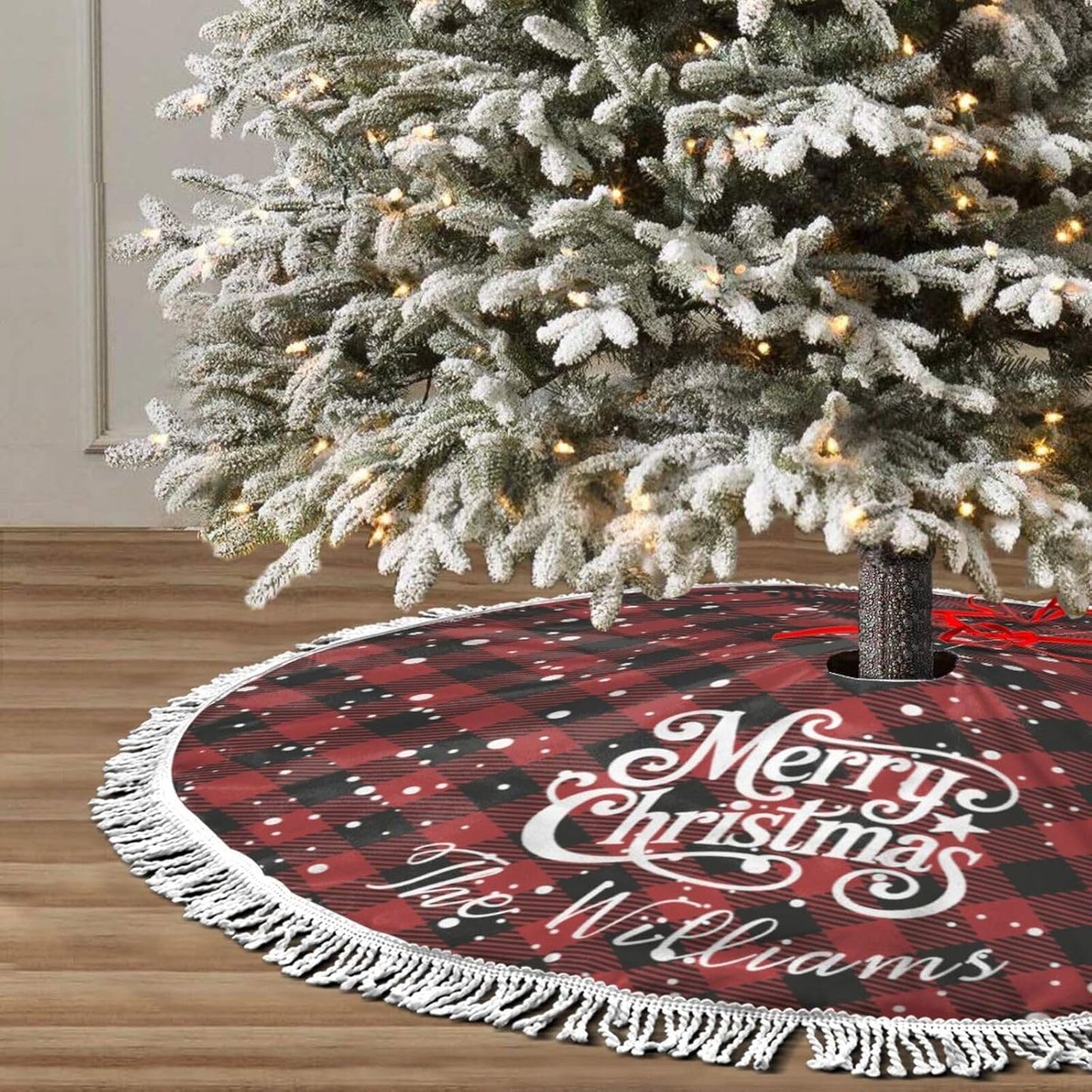 Custom Plaid Christmas Tree Skirt with Name, Personalized Holiday Xmas Tree Decor Gifts for Party Family Home, 30" - 48"