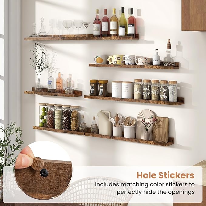 Fun Memories Picture Ledge Shelves Set of 2, 48 Inch Rustic Wall Mounted Floating Shelves with Lip for Home Storage and Décor in Bathroom, Kitchen, Nursery, Bedroom, Living Room, Brown