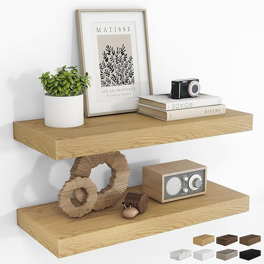 RICHFOCUS 24Inch Floating Shelves for Wall 2 Pack Shelves for Bedroom|Kitchen|Bathroom Wall Mounted Rustic Wood Floating Shelf with Invisible Brackets for Books|Storage|Decor, Oak