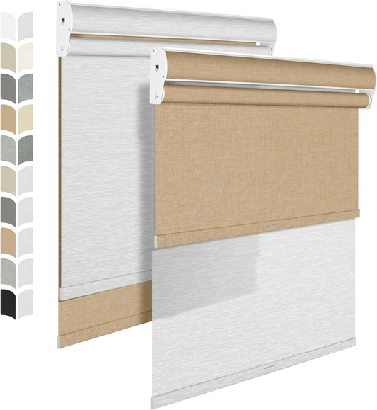BERISSA Dual Cordless Roller Shades with Cassette Valance, Blackout and Light Filtering, Day and Night Shades for Home Office Door. Linen Beige and White. 40 W x 64" H