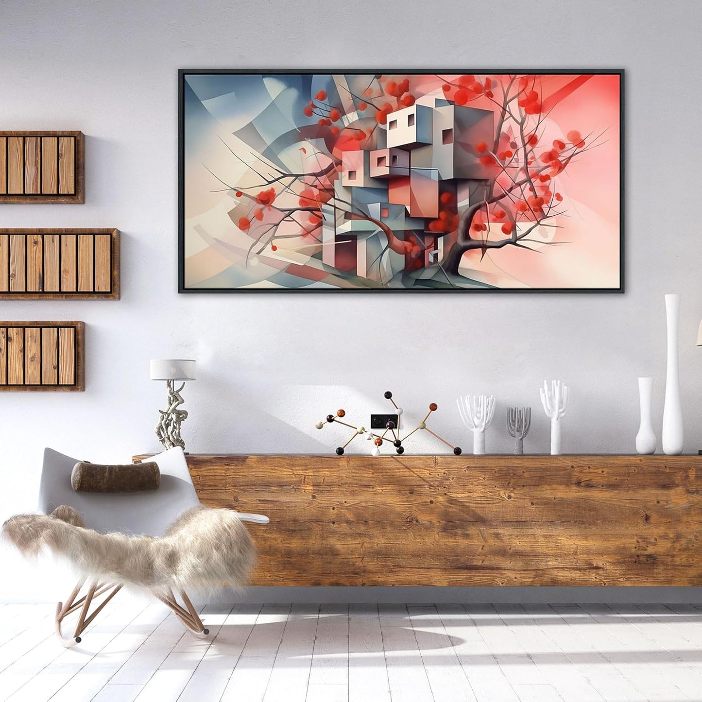 QZQCBLC Large Canvas Wall Art, Red Tree Abstract Space Pictures Ultra Modern Style Geometry Paintings Artwork for Living room Bedroom kitchen Home Office Cafe Game Yoga Room Decor 24x48 IN