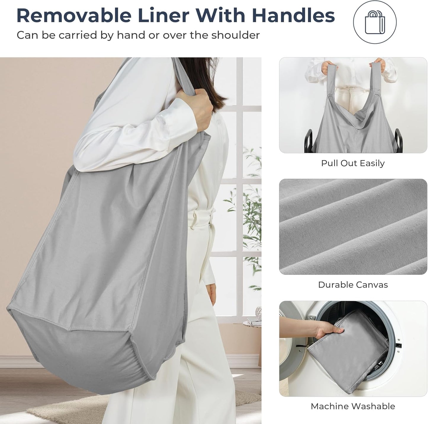 STO STO Laundry Hamper, 90L Rolling Laundry Sorter Cart with Removable and Washable Liner Bag, Rolling Clothes Hamper with Metal Handle for Laundry Room and Bedroom, Gray