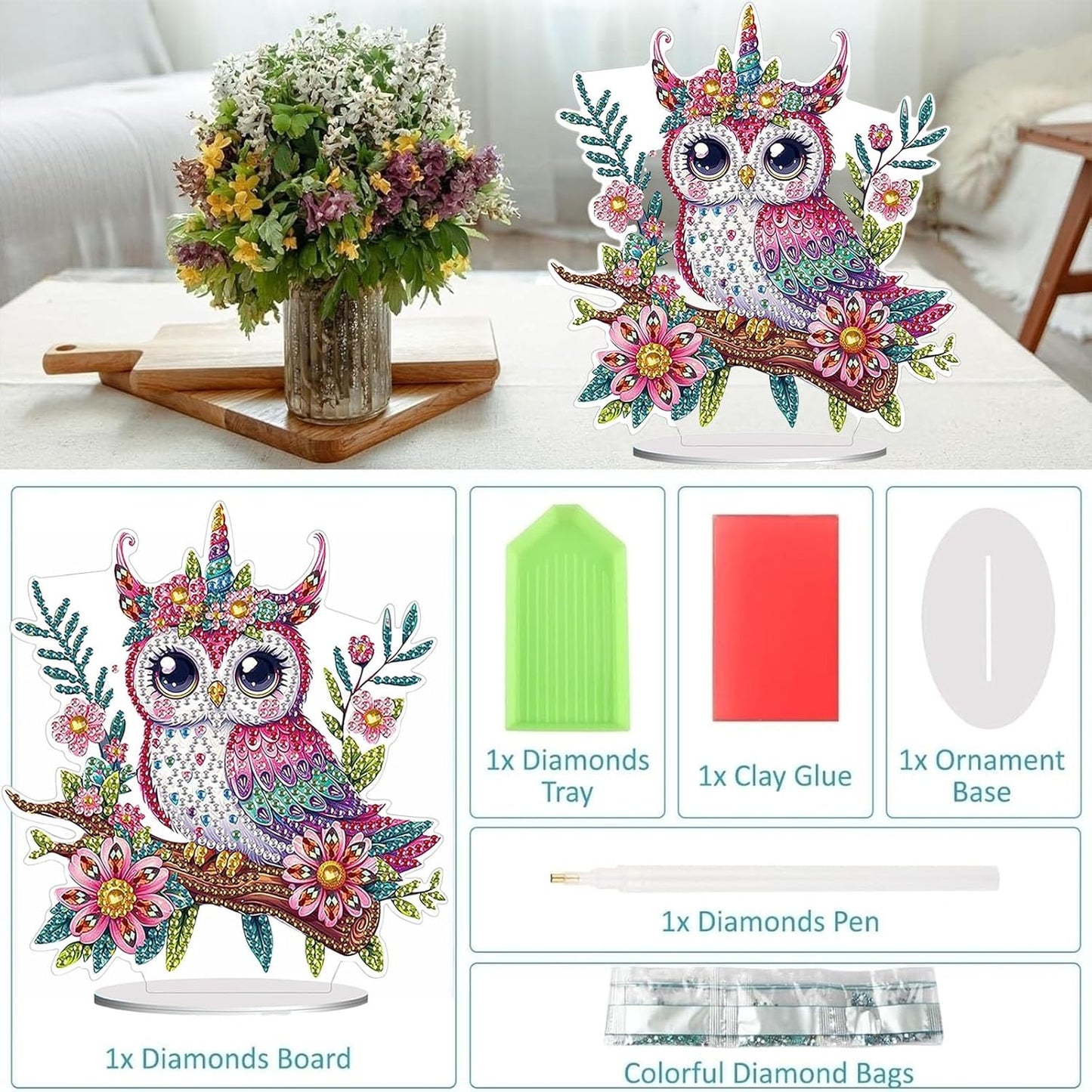 Diamond Painting Kits for Adults Beginners, 5D Full Drill Owl Crystal Art Desktop Ornament, DIY Single Sided Home Office Desk Decor, Creative Craft Gift Set with Tools