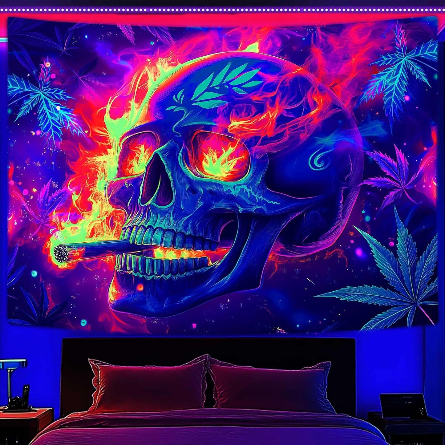 Blacklight Skeleton Tapestry, Glowing Skull UV Reactive Gothic Wall Hanging Tapestries, Glow in the Dark Grim Reaper Magic Horror Face Halloween Poster Tapestry for Bedroom Living Room Decor 40X30IN