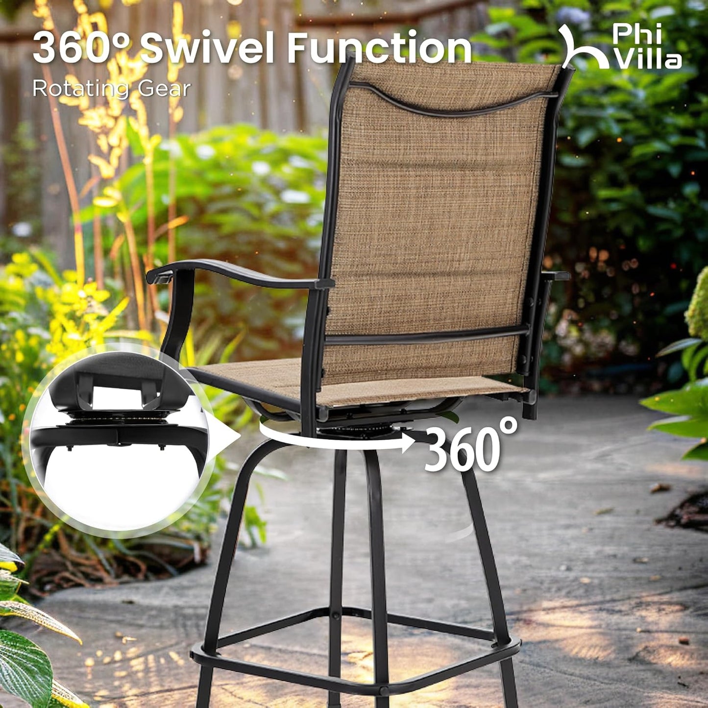 PHI VILLA Outdoor Bar Set with 4 Swivel Bar Height Patio Chairs, Wooden-Like Patio Bar Table and Chairs Furniture Set with Brown Padded Textilene Fabric for Outside, Garden and Deck