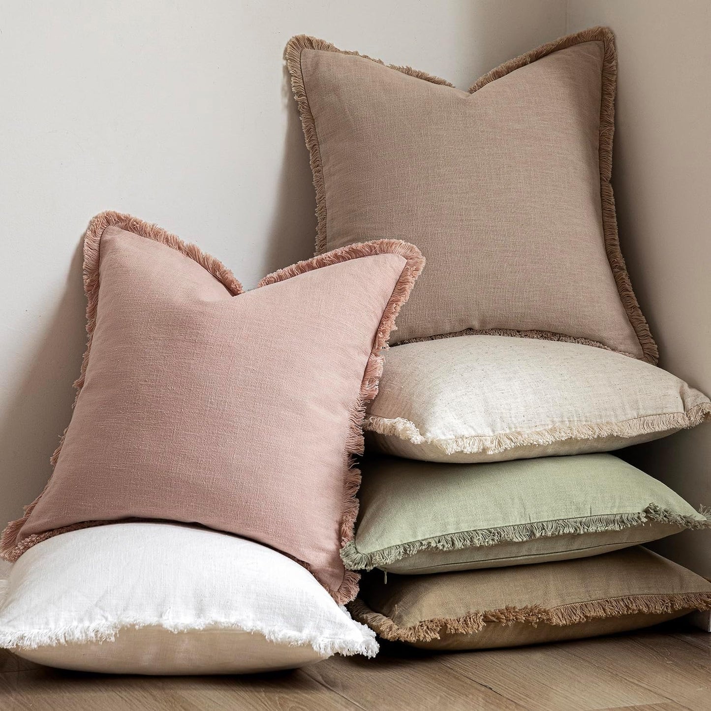 Foindtower Set of 2 Decorative Linen Fringe Throw Pillow Covers Boho Farmhouse Cushion Cover with Tassels Soft Accent Pillowcase for Couch Sofa Bed Living Room Home Decor,18×18 Inch,Light Sage Green