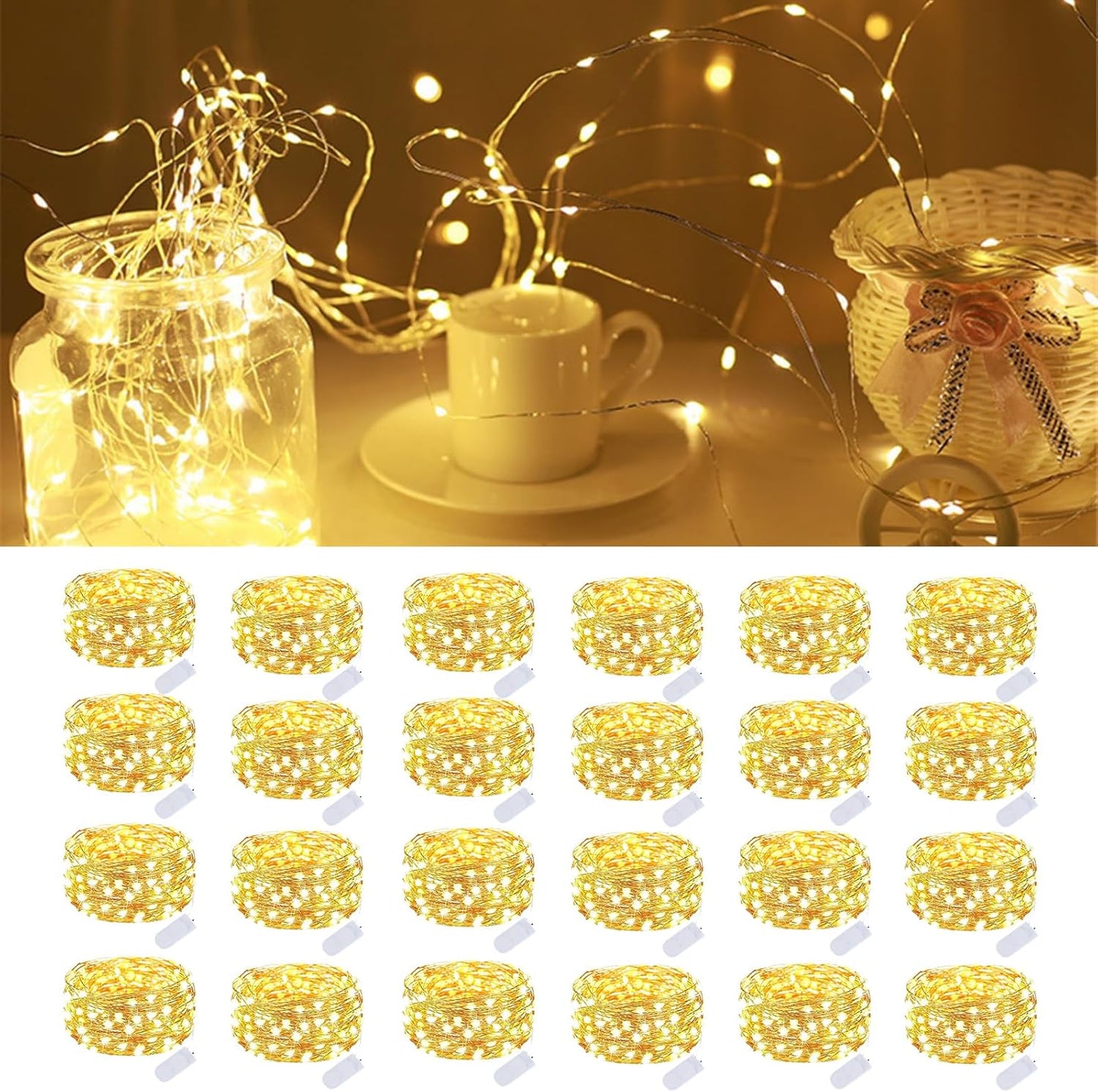 24 Pack Fairy Lights Battery Operated 7 Feet 20 Led Christmas Twinkle String Lights Silver Wire Waterproof for Classroom Christmas Valentine's Day Mason Jars Centerpiece Table Decorations (Warm White)