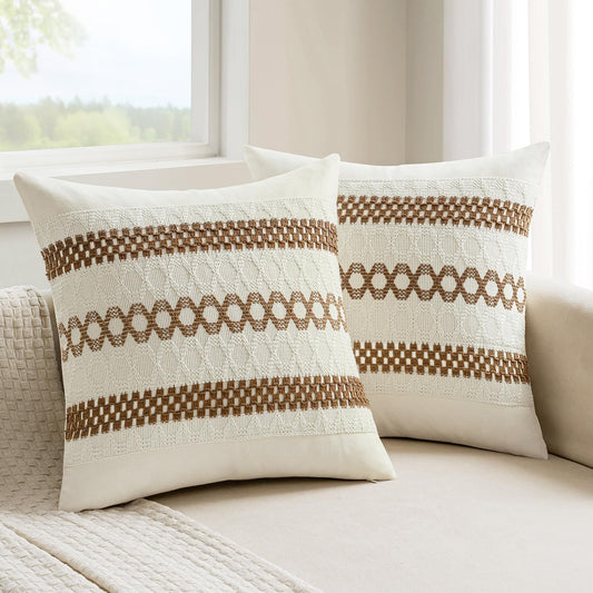 MIULEE Set of 2 Coco Brown Boho Decorative Pillow Covers 18x18 Inch Farmhouse Rustic Couch Throw Pillows Modern Spring Cotton Cushion Covers Retro Cute Macrame Woven Home Decor for Bed Sofa Chair