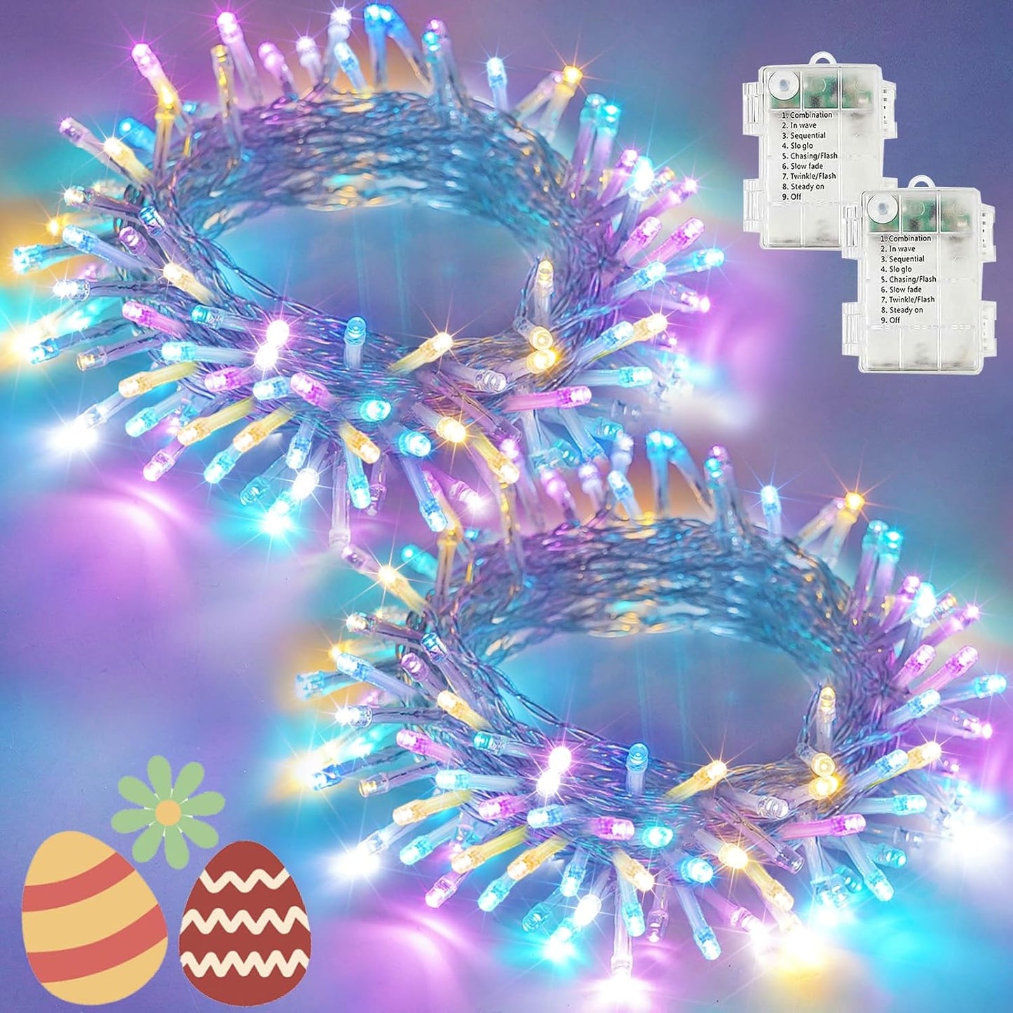 Easter Lights Battery Operated Fairy Lights, 2 Pack 33FT 100LED Multicolor easter String Lights, 8 Modes Waterproof Pastel Light Indoor Outdoor, Twinkle Lights for Room Garden Party Easter Decorations