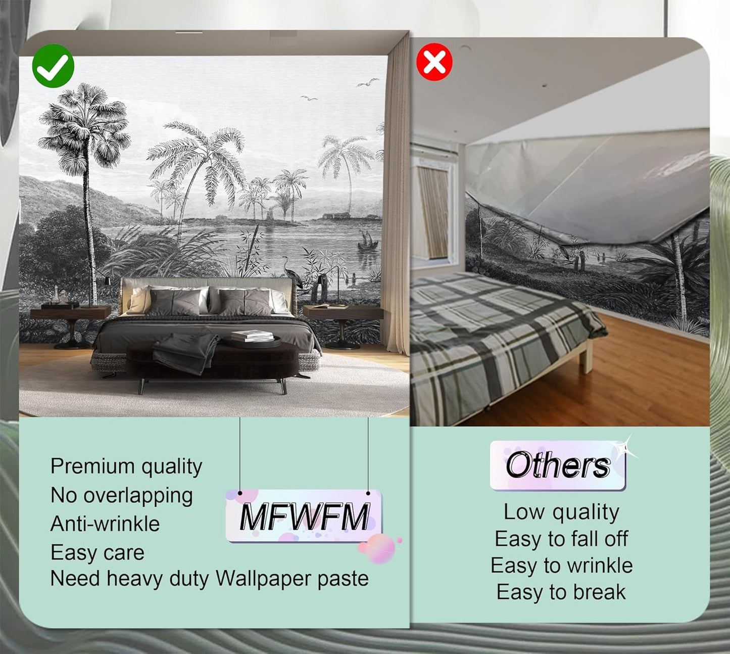 Vintage Black and White Forest Wallpaper Hand Painted Palm Tree Wall Mural for Bedroom Living Room (Not Peel n' Stick)