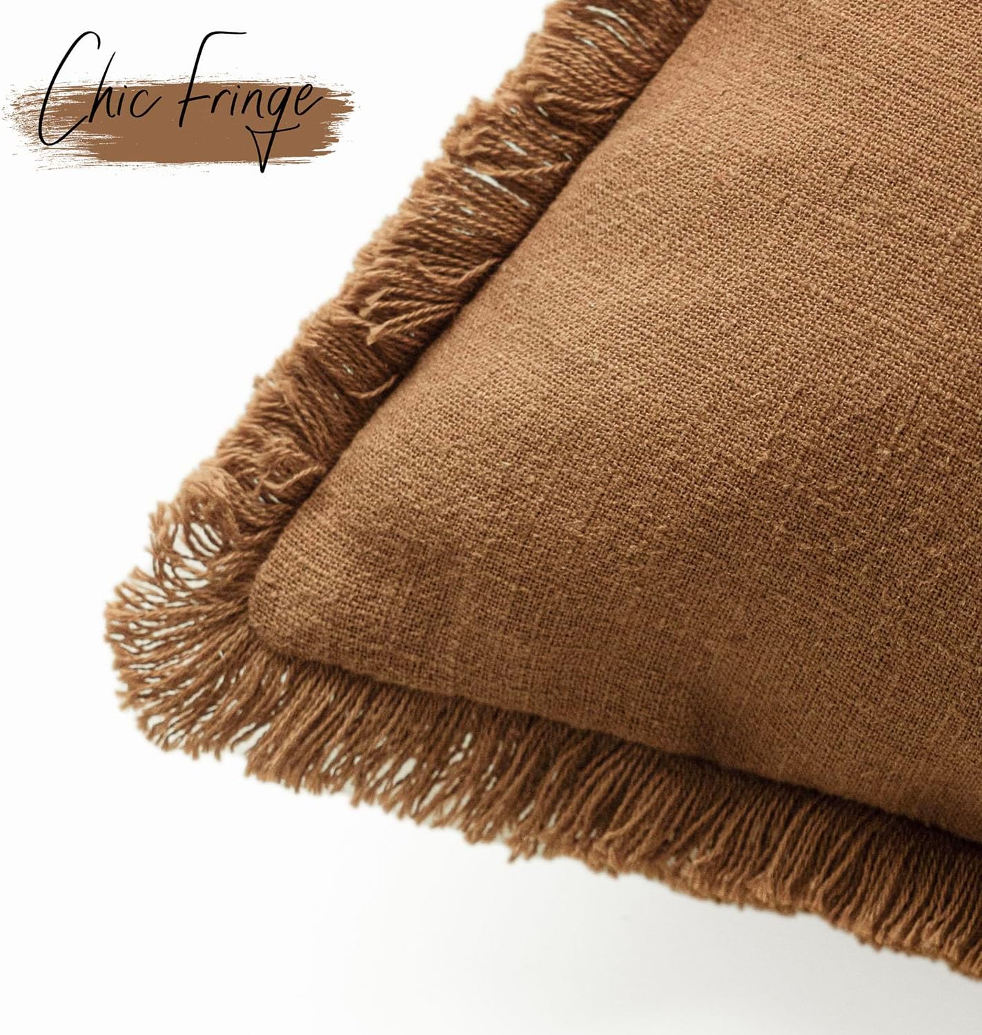 Foindtower Set of 2 Decorative Linen Fringe Throw Pillow Covers Cozy Boho Farmhouse Cushion Cover with Tassels Soft Accent Pillowcase for Couch Sofa Bed Living Room Home Decor, 26×26 Inch,Orange Brown