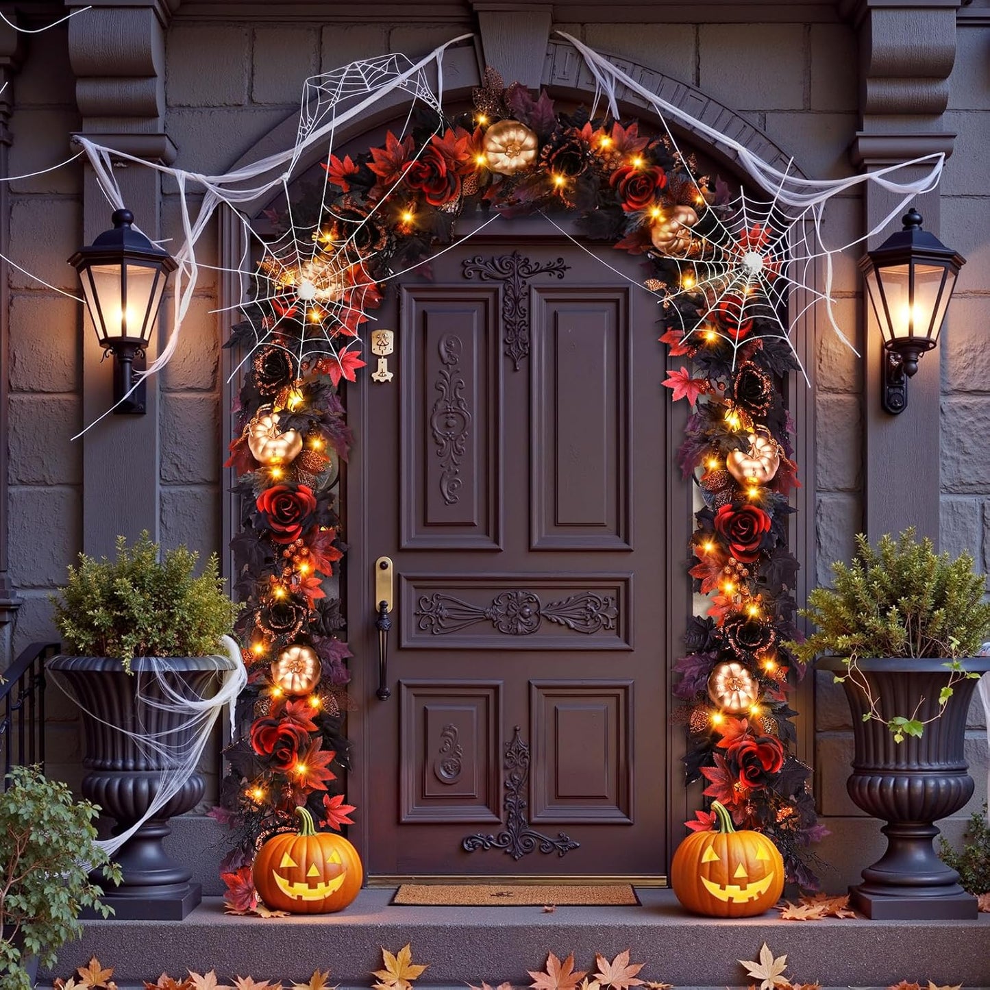 SHareconn 2 Pcs 6FT Halloween Garland with Purple Lights Battery Operated and Timer, Pre-Lit Black Red Maple Leaves Lighted Garland Decorations for Fireplace Mantle Centerpiece Indoor Outdoor Decor