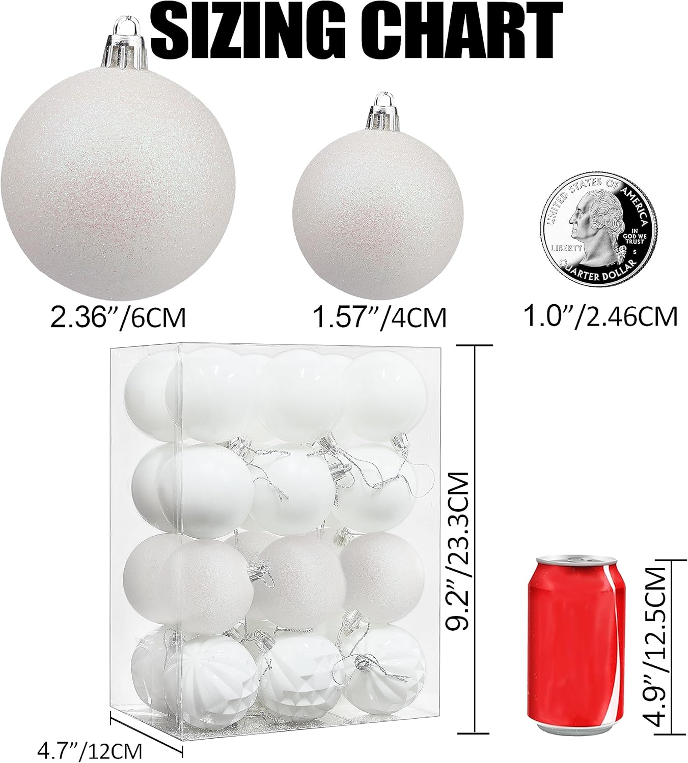 Lulu Home Christmas Ball Ornaments, 24 Ct 2.36" Pre-Strung Hanging Ornament Decorations, Xmas Shatterproof Plastic Balls for Holiday Party Wreath Garlands Trees, White