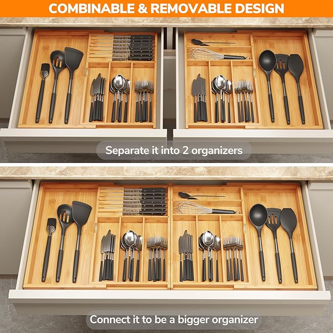 BAMEOS Expandable Silverware Drawer Organizer with Removable Knife Blocks, Bamboo Kitchen Utensil Holder from 21" to 36", Large Cutlery Tray with Divider for Forks, Spoons, Knives