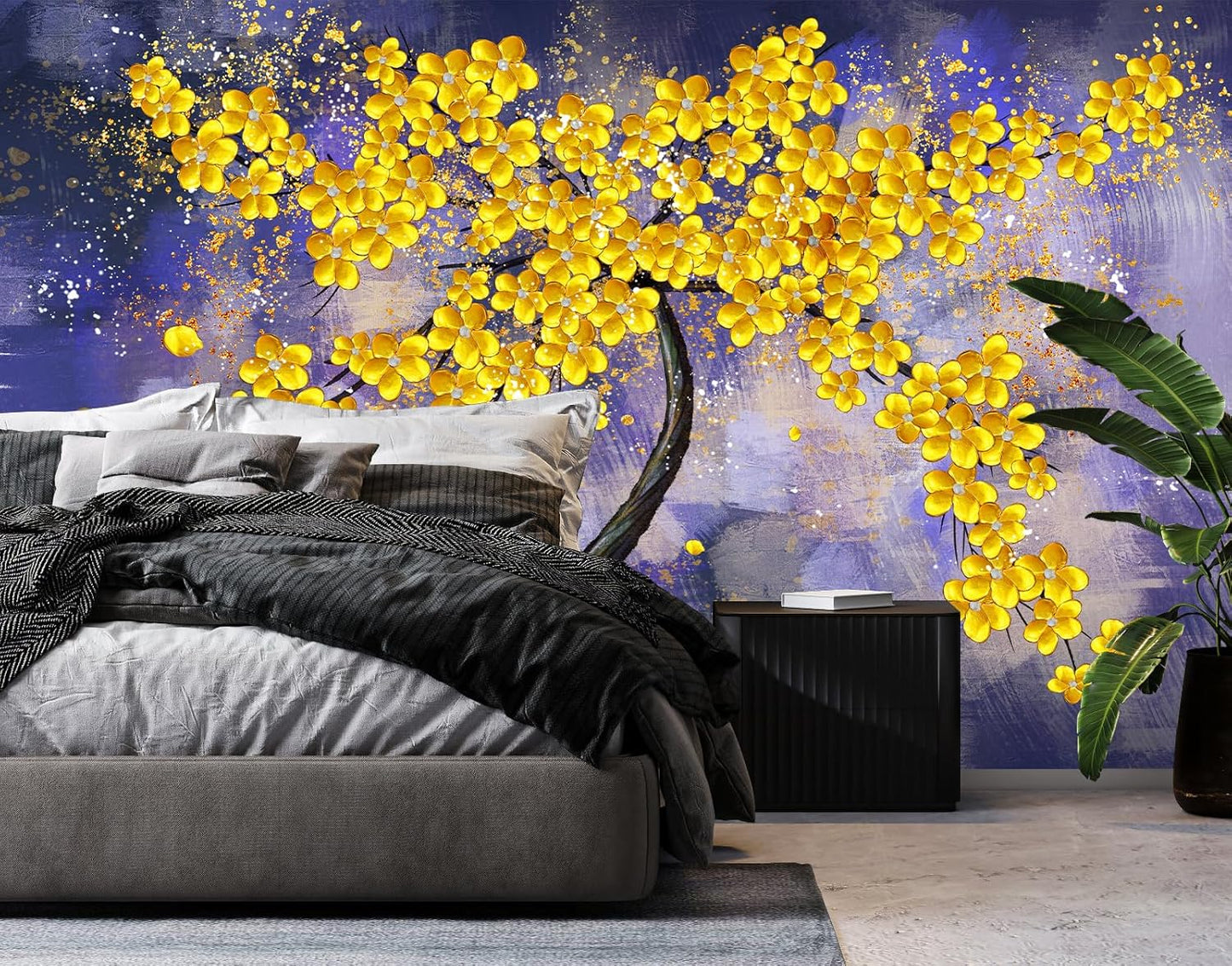 Yellow Flower Tree Wall Mural Purple Background Wall Decor for Bedroom Livingroom(Not Peel and Stick)