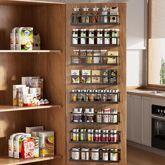 Over The Door Pantry Organizer, 8 Pack Spice Rack Wall Mounted & Hanging Storage Baskets Organizer Wall Mount, Large Capacity Metal Spice Shelf for Kitchen Cabinet, Bathroom, Shower, Home Decor