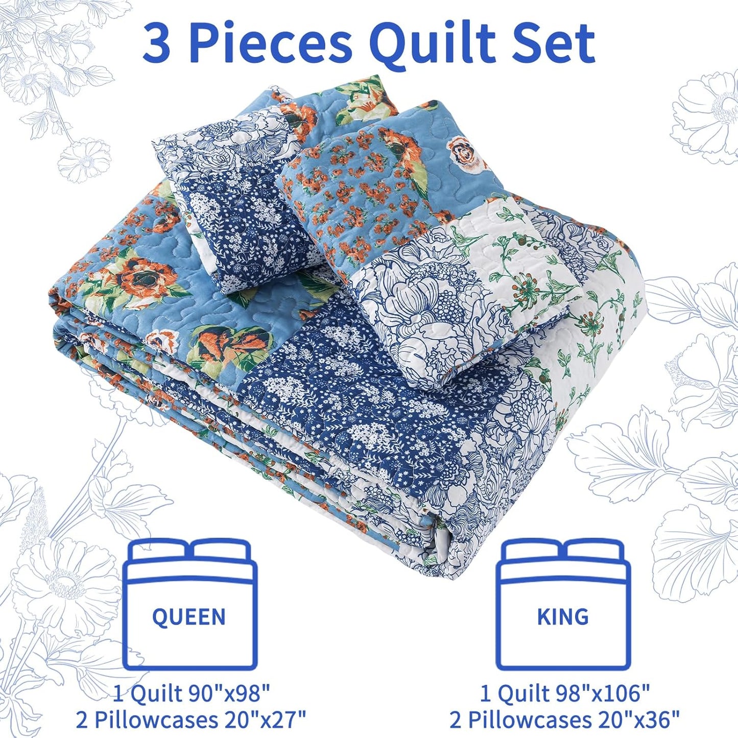 VAPUTAR King Size Quilt Set - Reversible Floral King Size Bedspreads with Wavy Edges - Lightweight Farmhouse King Quilt Bedding Sets for Bed Decorations, 3 Pieces