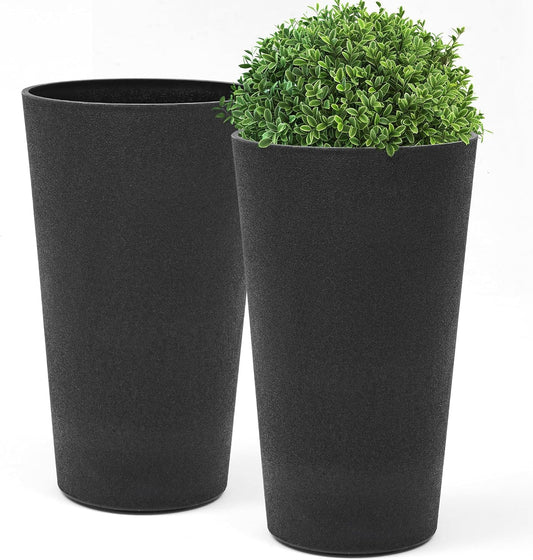 24" Tall Planters for Outdoor Plants, Set of 2 Heavy-Duty Resin Flower Pots, Matte Black Leather Grain Finish, Durable & Weather-Resistant, Ideal for Garden, Patio, Yard, Porch, or Home Use