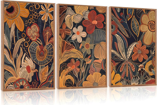 Aurlan Burnt Orange Wildflowers Botanical Wall Art Set(16"x24"), 3 Pieces Abstract Floral Blossom Framed Canvas Artwork, Large Mid Century Modern Boho Nature Wall Decor for Office Bedroom Living Room