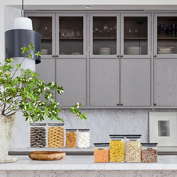 Urban Green Glass Jars with Black Bamboo Lids, food storage sets with airtight black lids, Glass Canisters Sets, Kitchen Organizing Jars (5 Sets of 27oz, 38oz, 66oz)