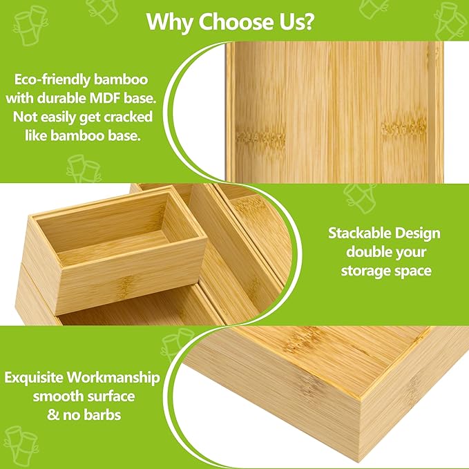 Silverware Bamboo Drawer Organizer Tray, 4 PCS Kitchen Drawer Organizer Storage for Utensil Cutlery, Bathroom, Office Desk, Makeup