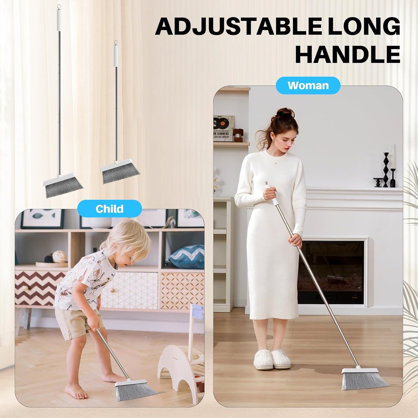 JOYMOOP White Broom and Dustpan Set, Upright Angle Design with Built-in Comb Teeth for Kitchen, Office, Pet Hair, Hard Floors