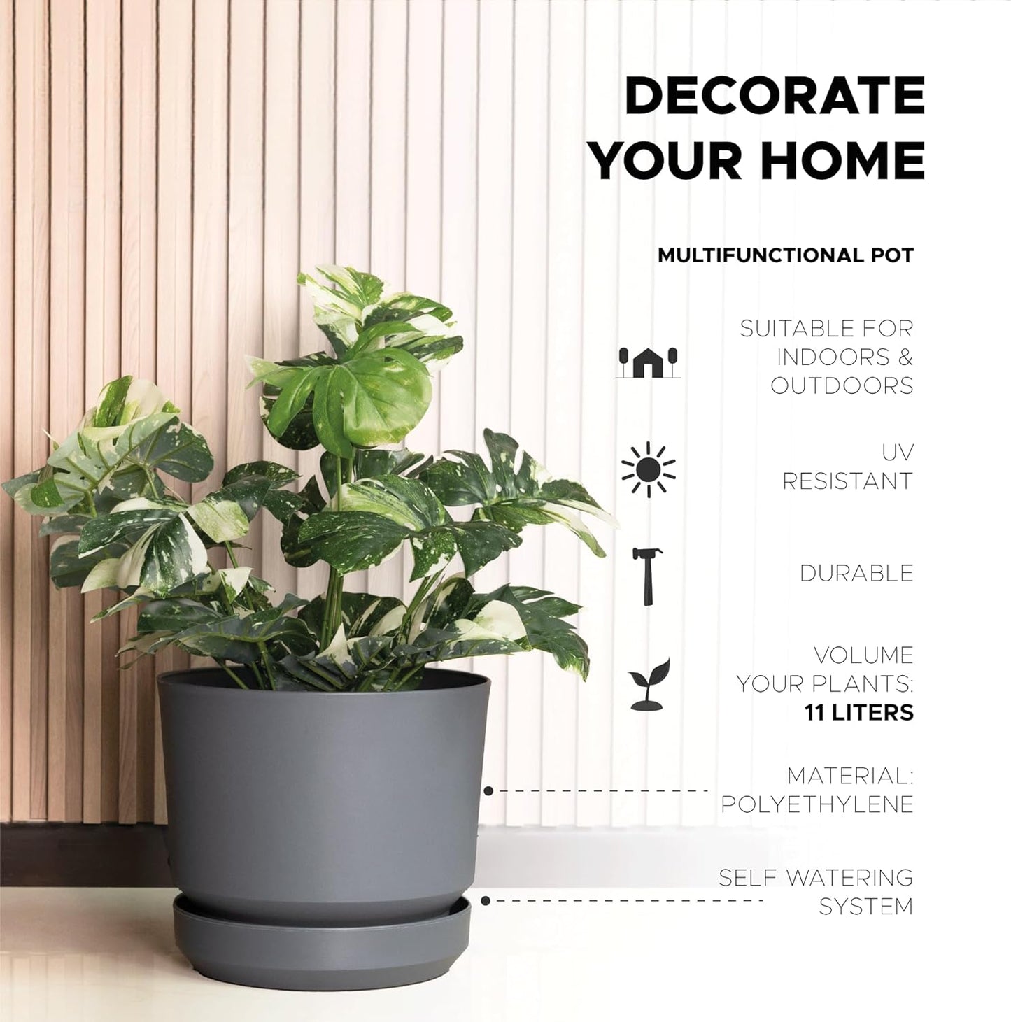 Elly Décor 12 inch Plastic Cylinder Planter Pot with Self-Watering Saucer and Drainage Hole,Lightweight & Extremely Durable, 12"x 12", Gray