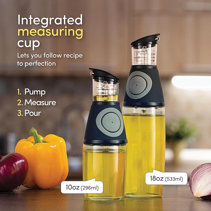 Olive Oil Dispenser Bottle with Pump - Oil Dispenser for Kitchen, Glass Oil and Vinegar Dispenser Set, Measured Cruet for Cooking - Ideal Oil Bottles for Kitchen Gadgets & Gifts, 2 Pack