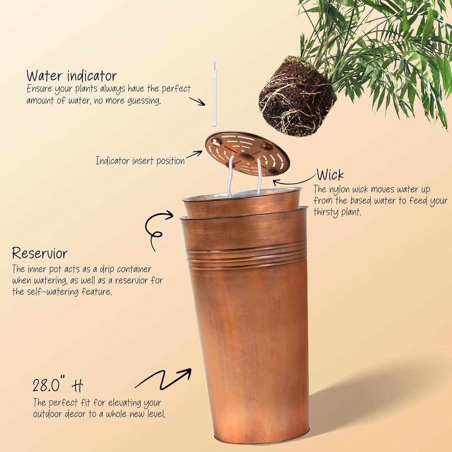 KOL 28'' Tall Galvanized Steel Planter Pot - Flower Pot with Water Level Indicator for Plants - 2 Pack Self Watering Planters - Round Bronze Powder Metal Planter Box - Indoor Outdoor Grande Plant