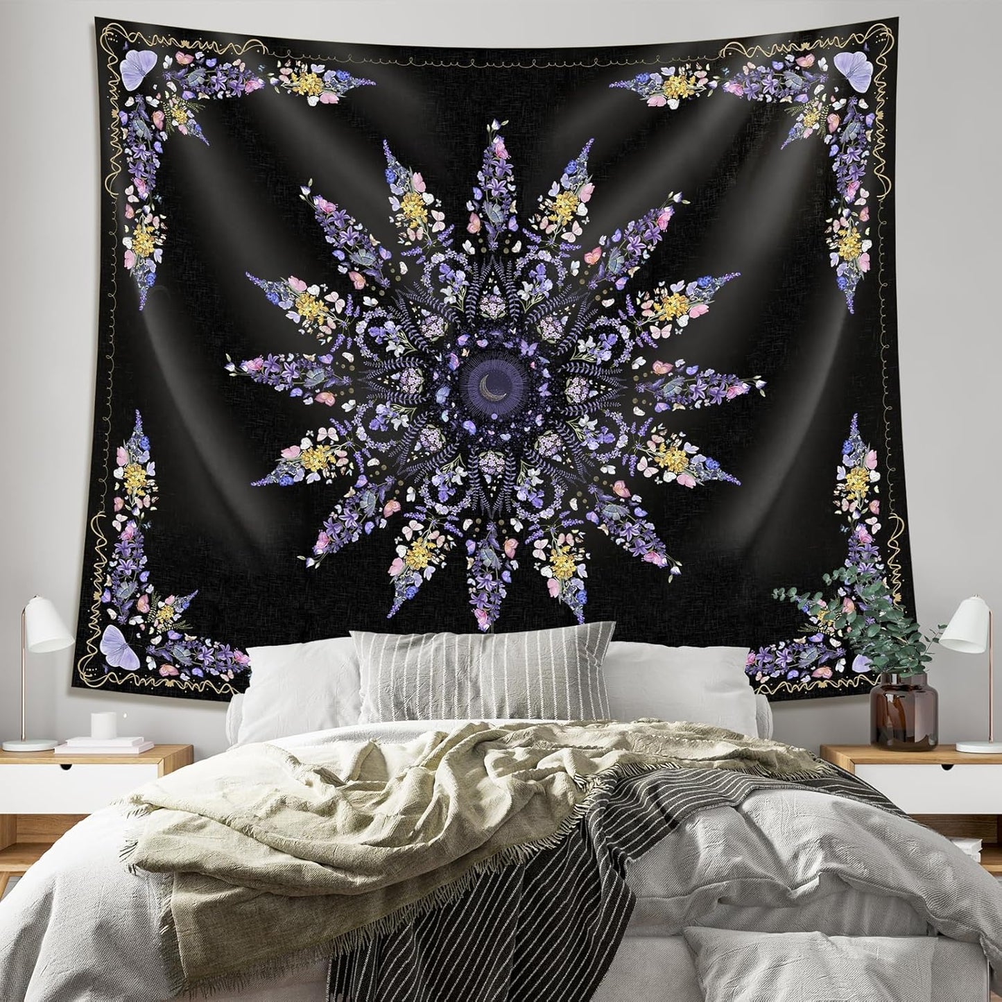 Damanse Floral Tapestry Wall Hanging Cute,Boho Wall Tapestry for Bedroom Aesthetic,Mandala Living Room Decor for Teen Girls (Purple, 49.20" x 59.10")