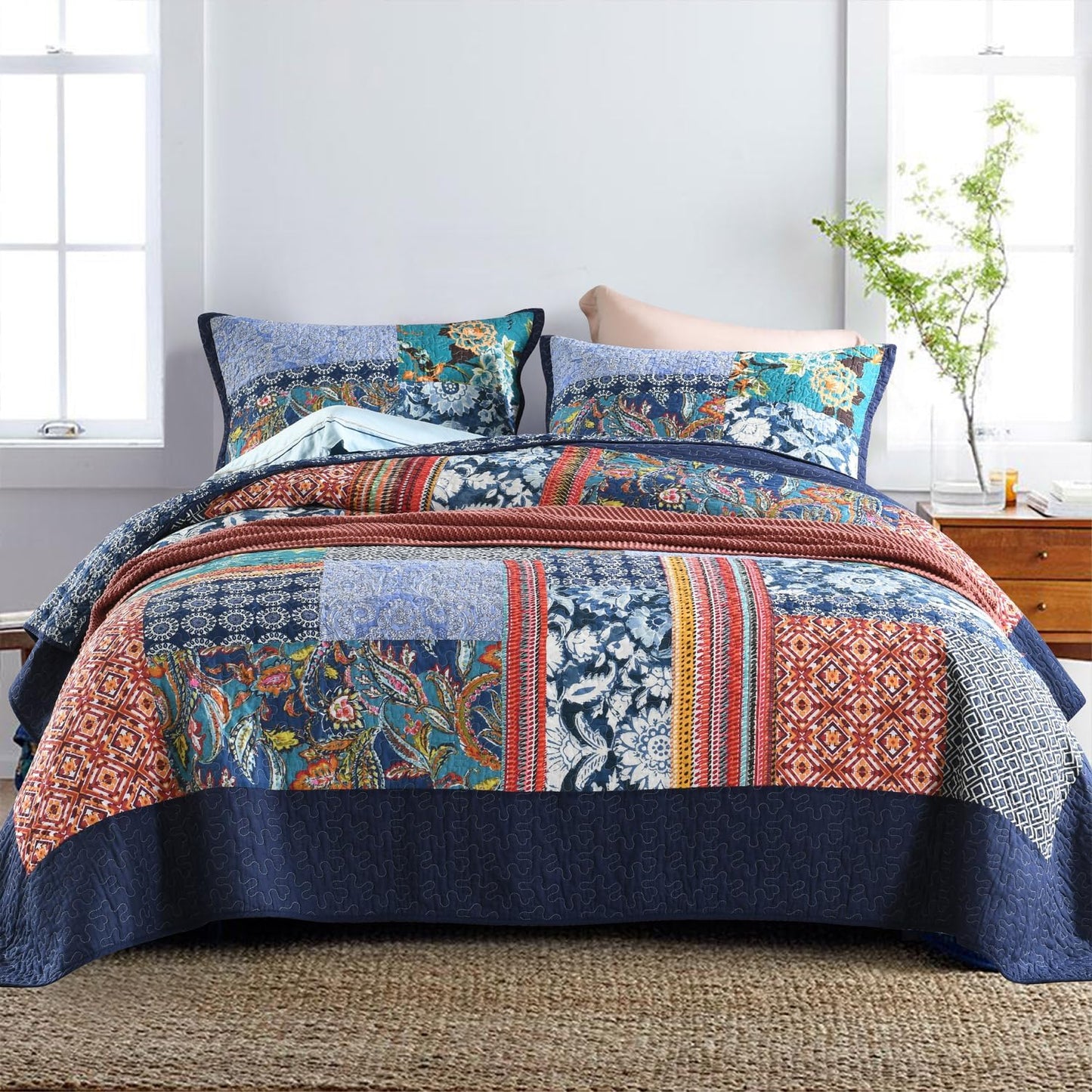Secgo Queen Comforter Set for Bed - 100% Cotton Quilts Queen Size, Navy, Bohemia Bedspreads (90 * 98 Inch) with 2 Pillow Shams, Patchwork Reversible Lightweight Bedding
