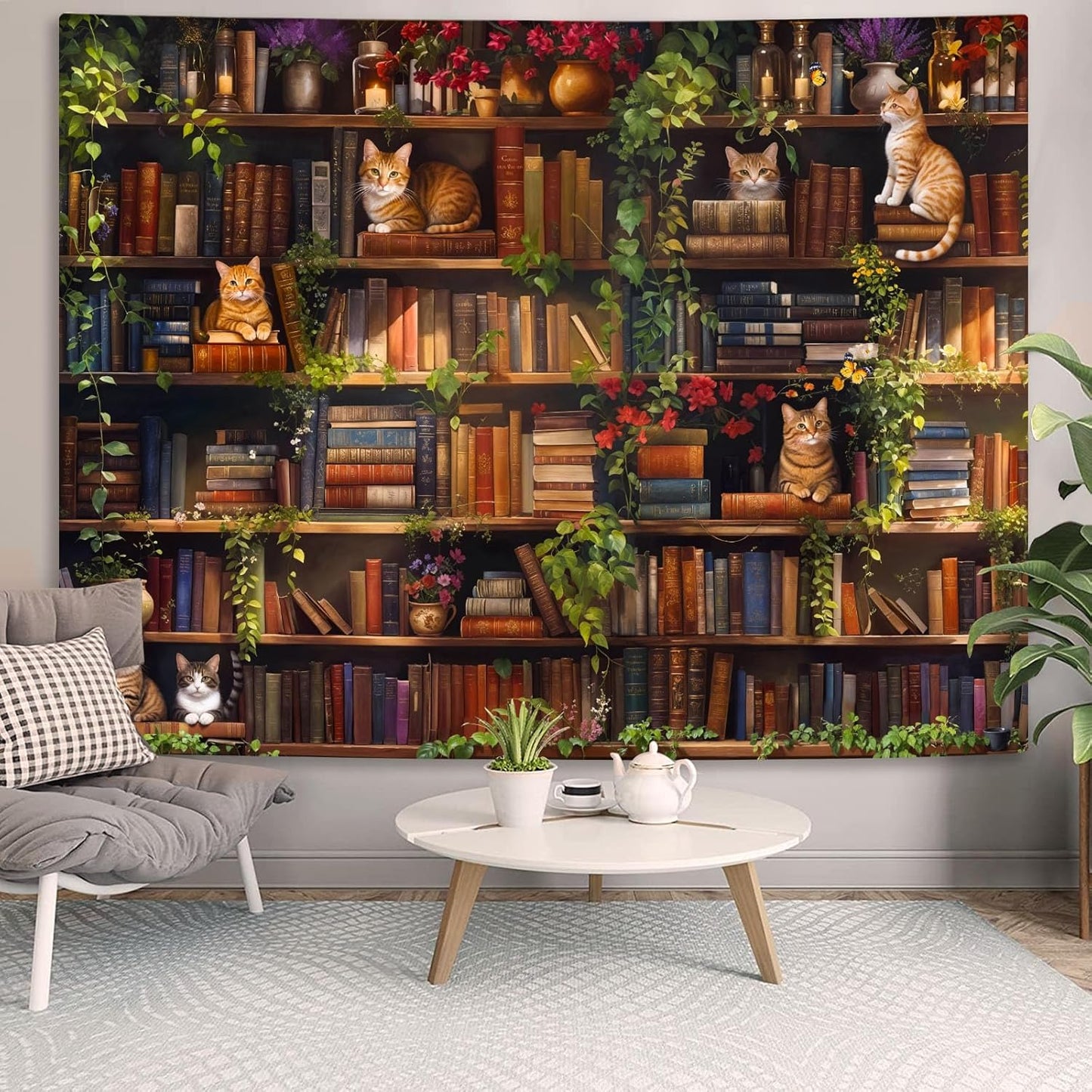 Accnicc Plant Cat Bookshelf Tapestry Botanical Floral Flower Cats Book Tapestries Wall Hanging Vintage Library Small Tapestry for Bedroom Living Room Dorm 60 x 44 inch