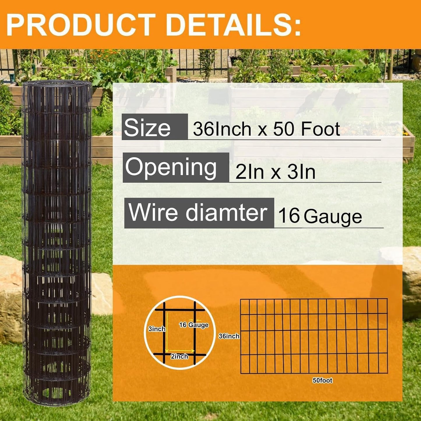 Wire Fence 36in x 50ft, 2 x 3 Inch 16GA, Garden Fence Garden Border Fencing Roll Vinyl Coating Metal Wire Mesh Hardware Cloth for Yard Vegetable Plant Protection Poultry Netting