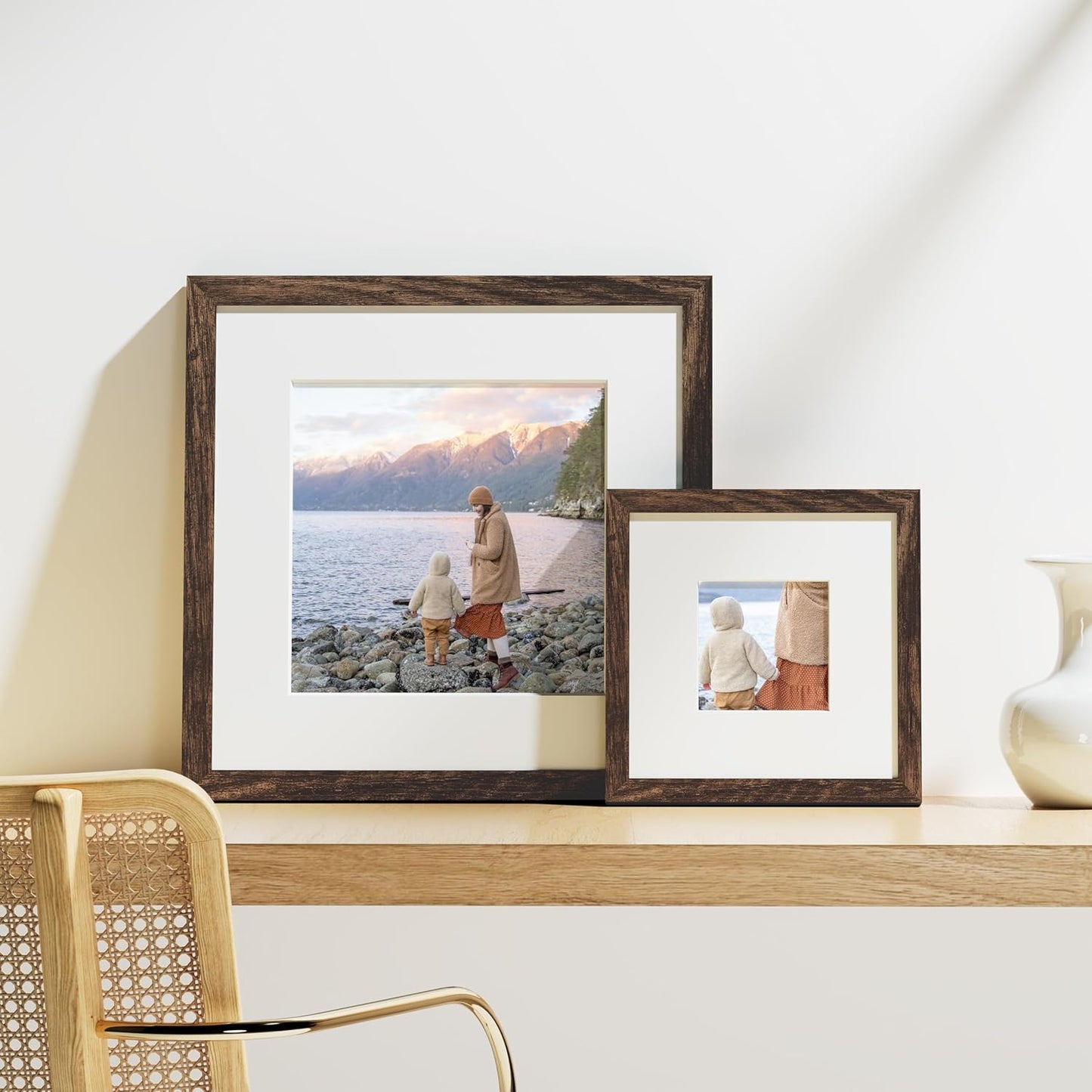 Vittanly 8x8 Picture Frames Set of 9, Shatter Resistant Plexiglass, Display 4x4 Pictures with Mat or 8x8 without Mat, Photo Frames for Wall Mount, Engineered Wood, Brown