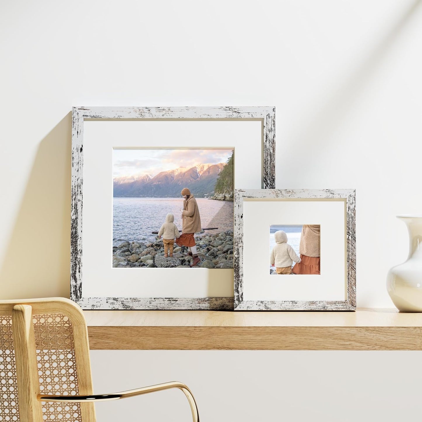 Vittanly 8x8 Picture Frames Set of 9, Shatter Resistant Plexiglass, Display 4x4 Pictures with Mat or 8x8 without Mat, Photo Frames for Wall Mount, Engineered Wood, Distressed White