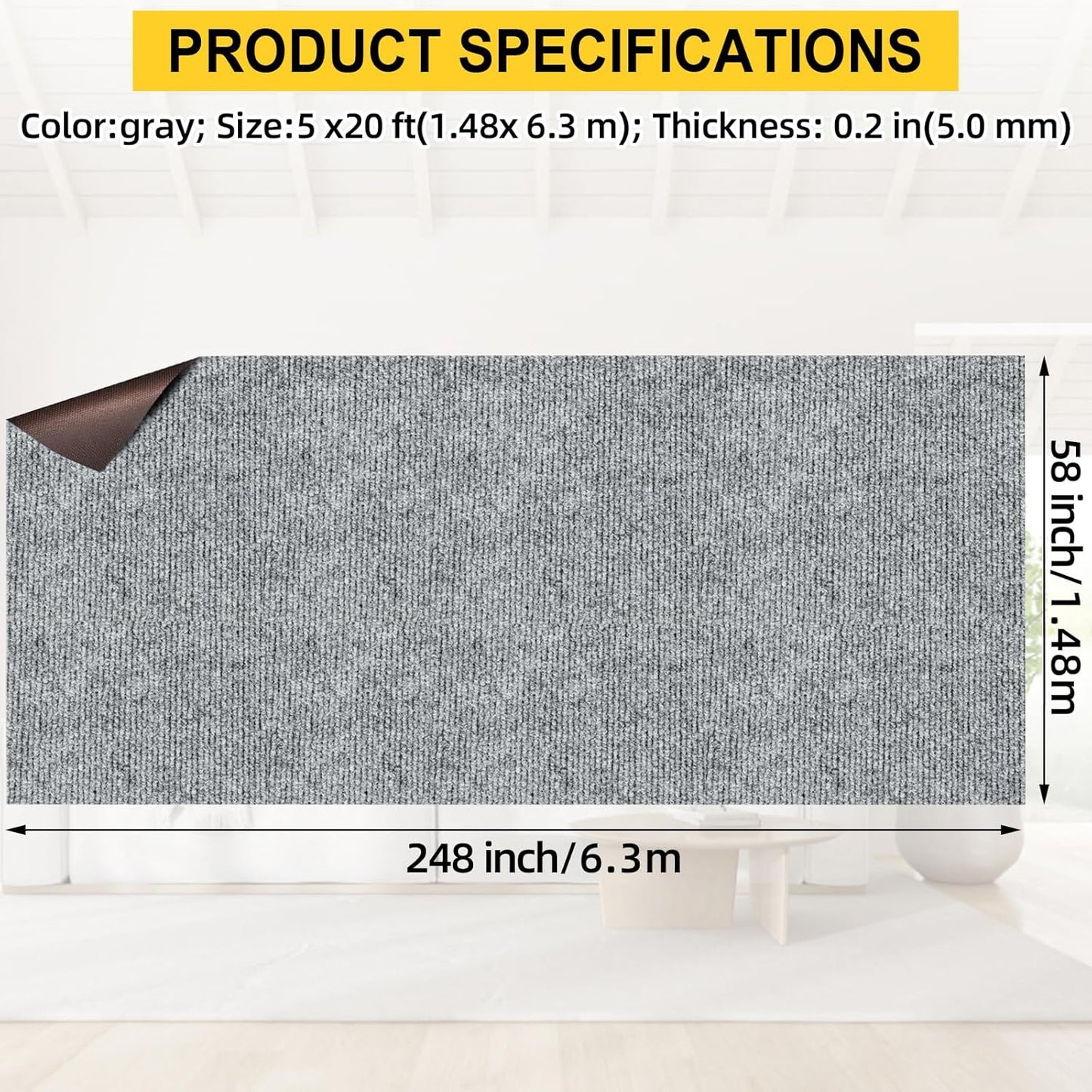 Marine Carpet,5 FT x 20 FT Smoke Gray Indoor Outdoor Carpet 0.2" Thick Boat Carpet with Water-Proof TPE Backing, Non-Slide Outdoor Marine Carpet Roll for Home, Patio, Porch, Deck