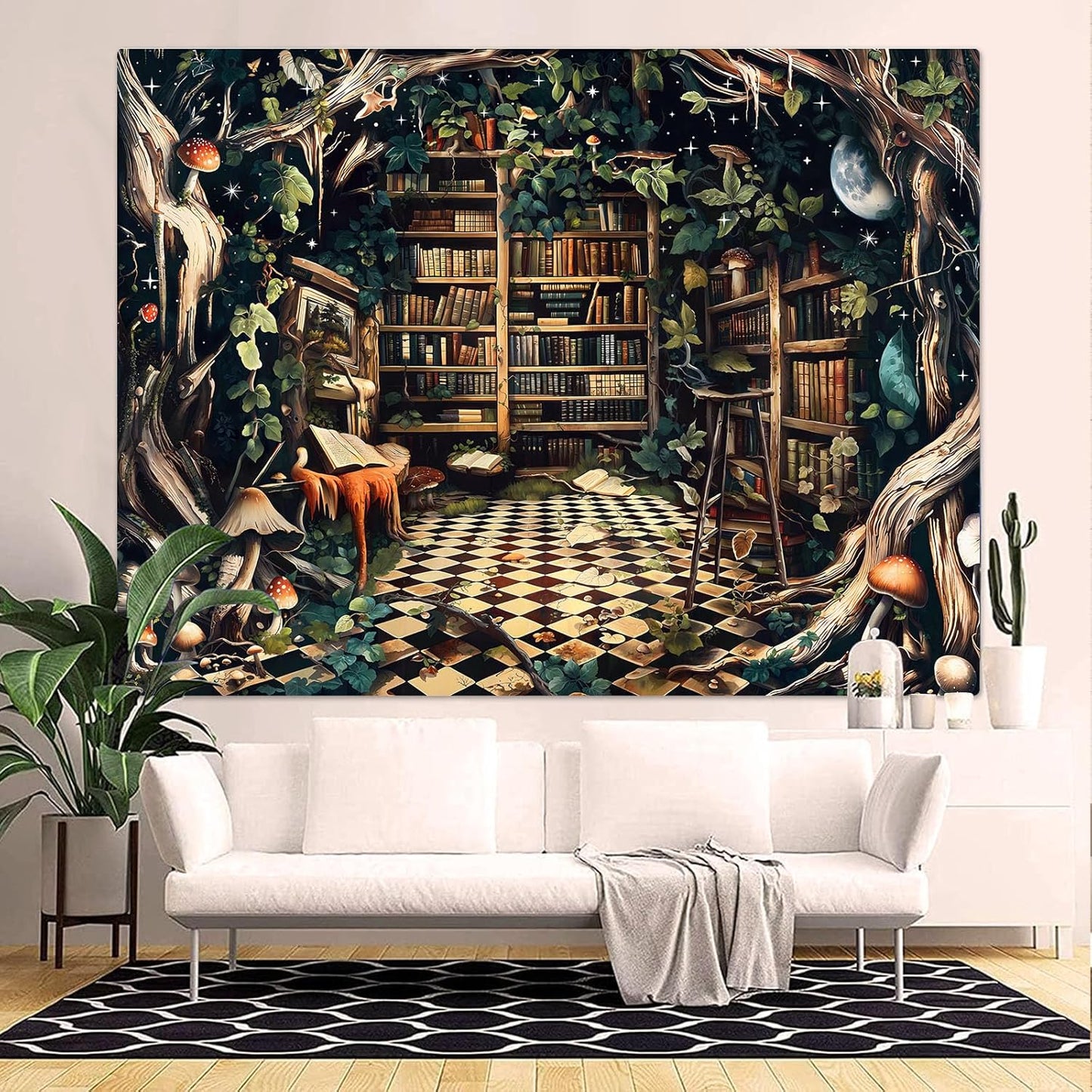 Accnicc Fantasy Forest Bookshelf Tapestry Witchy Fairy Tree Mushroom Retro Backdrop Tapestries Wall Hanging Vintage Library Book Tapestry for Bedroom Living Room Dorm 80 x 60 inch
