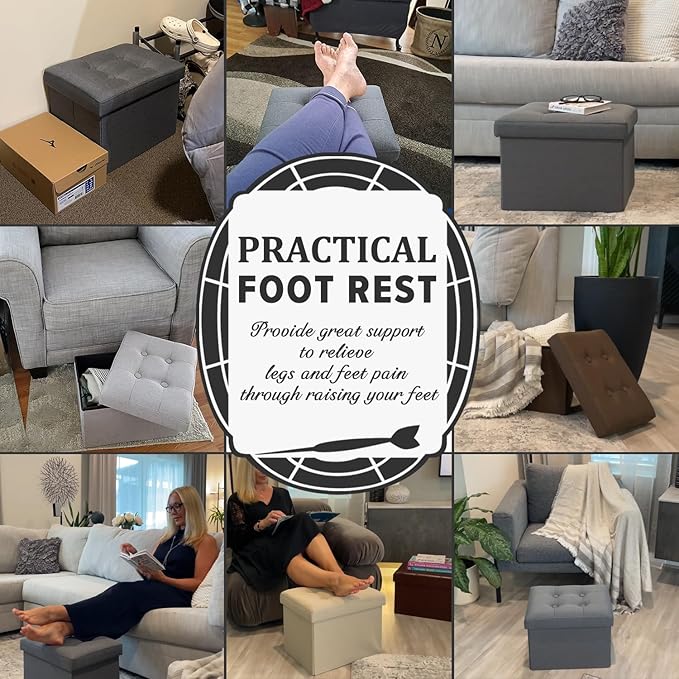 LINMAGCO Ottoman Storage Ottoman with Storage Small Foot Rest Stool Under Desk Stool Short Folding Footrest Linen Cloth Light Gray 16X12X12IN