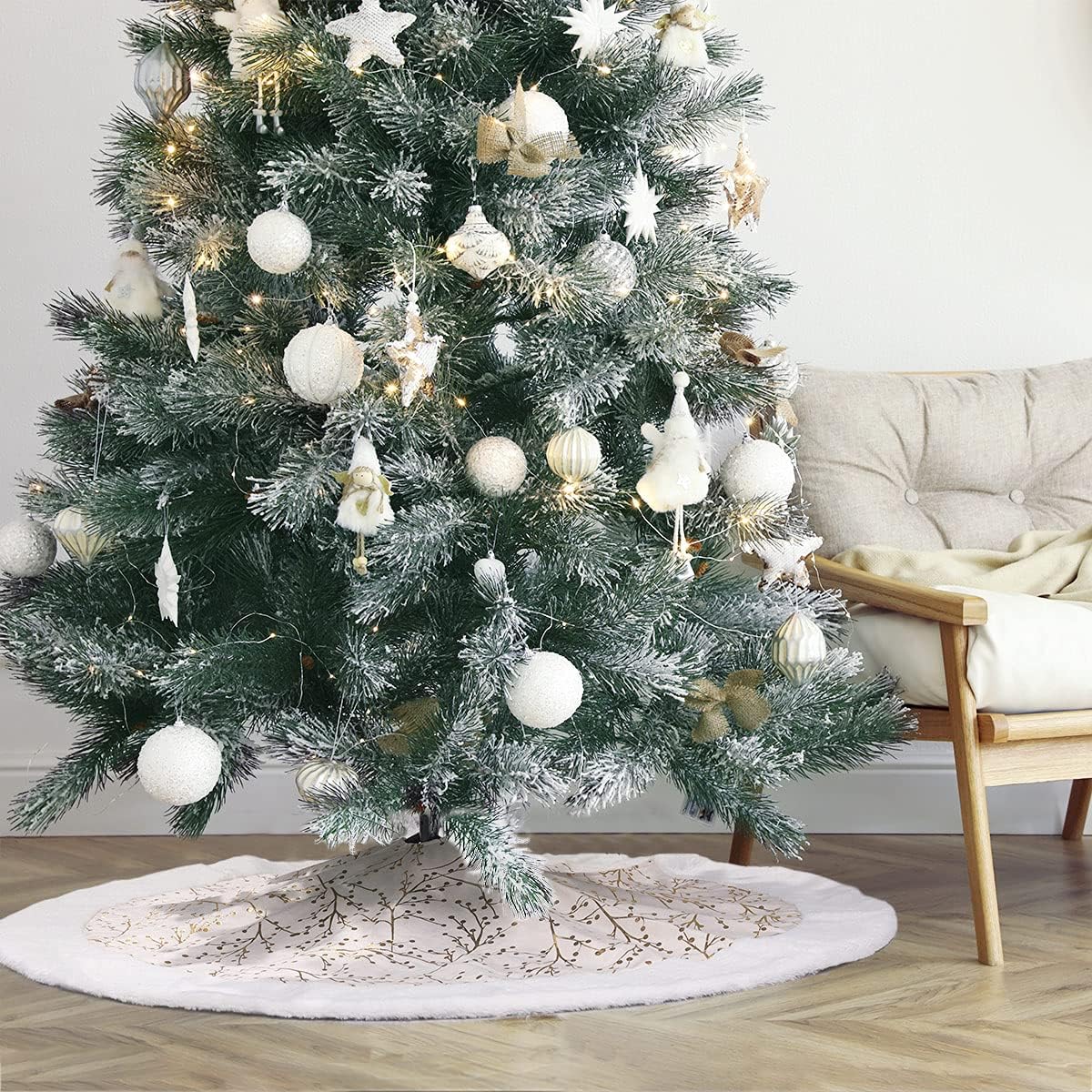 Christmas Tree Skirt, Gold White 36 Inch Faux Fur Plush Christmas Decorations Tree Base Mat Thick Velvet Rugs for Holiday Home Decor Party Xmas