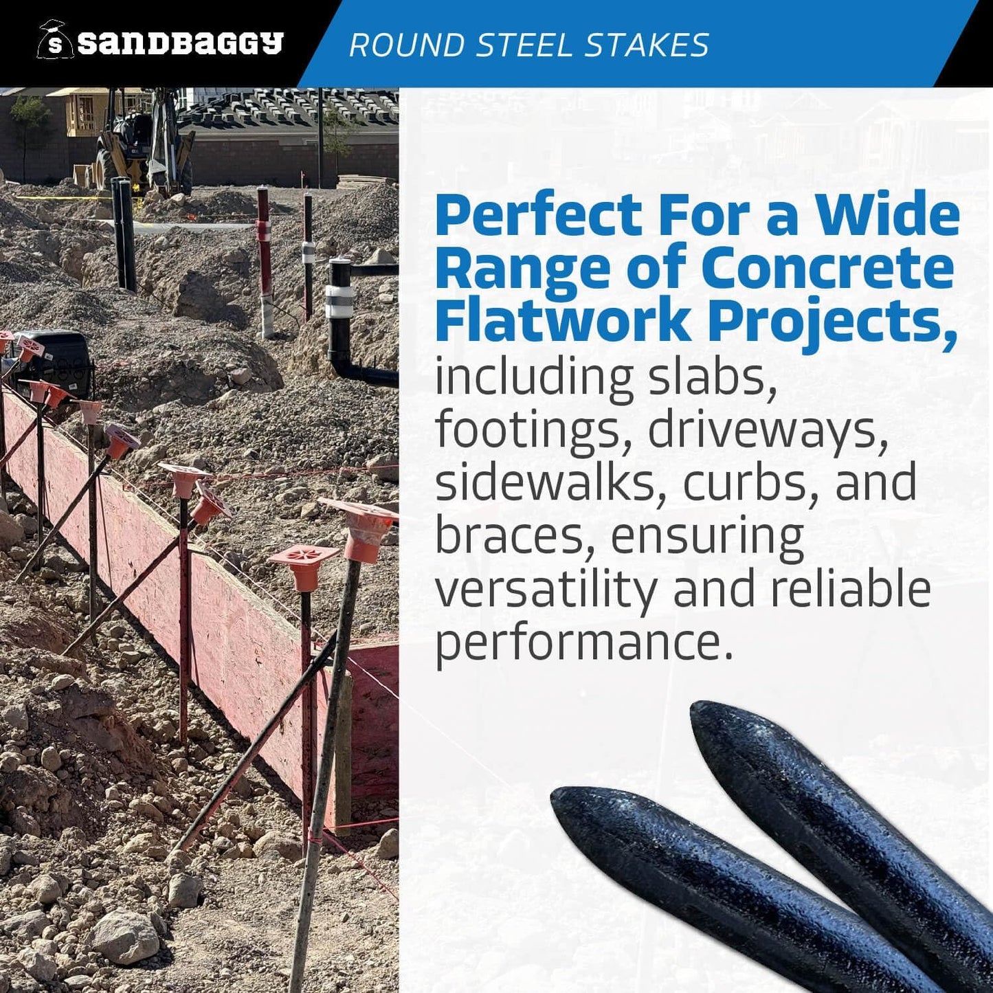 Sandbaggy Round Steel Concrete Form Stakes with Nail Holes - Rust Resistant Coating - Removable, Reusable (200, 3/4 in X 36 in)